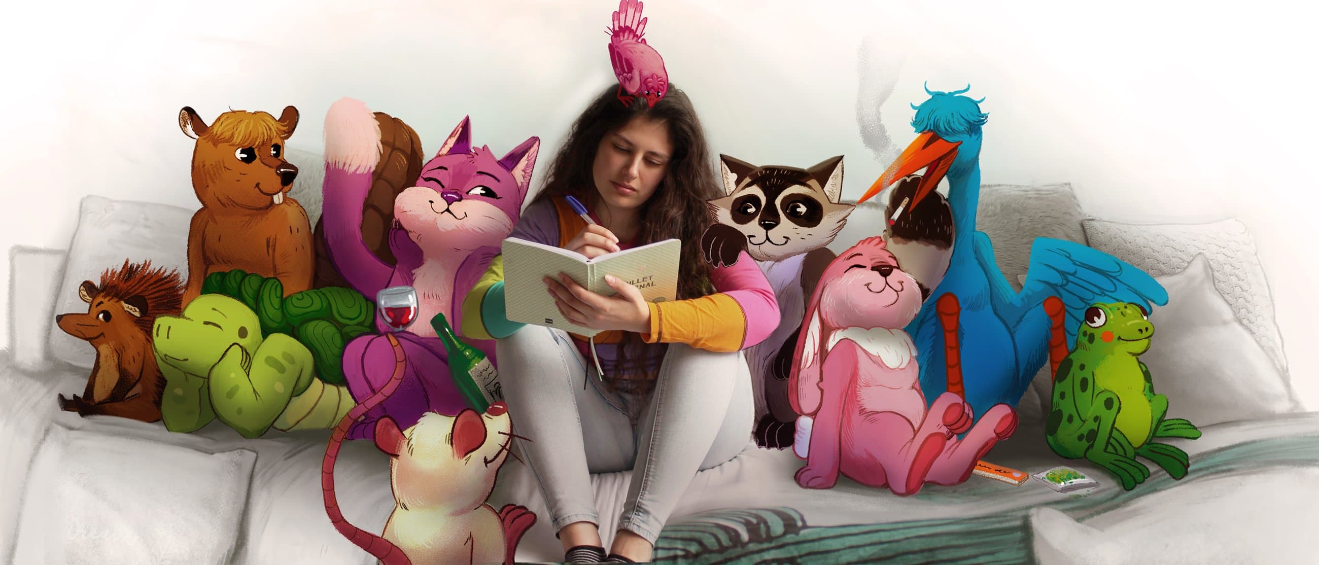 Vrouw lezend met dieren